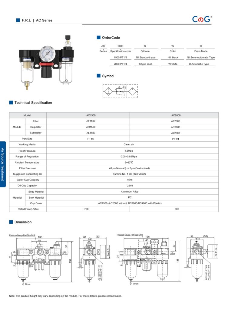 Air Filter Regulator Lubricator F.R.L Combination AC Series Black