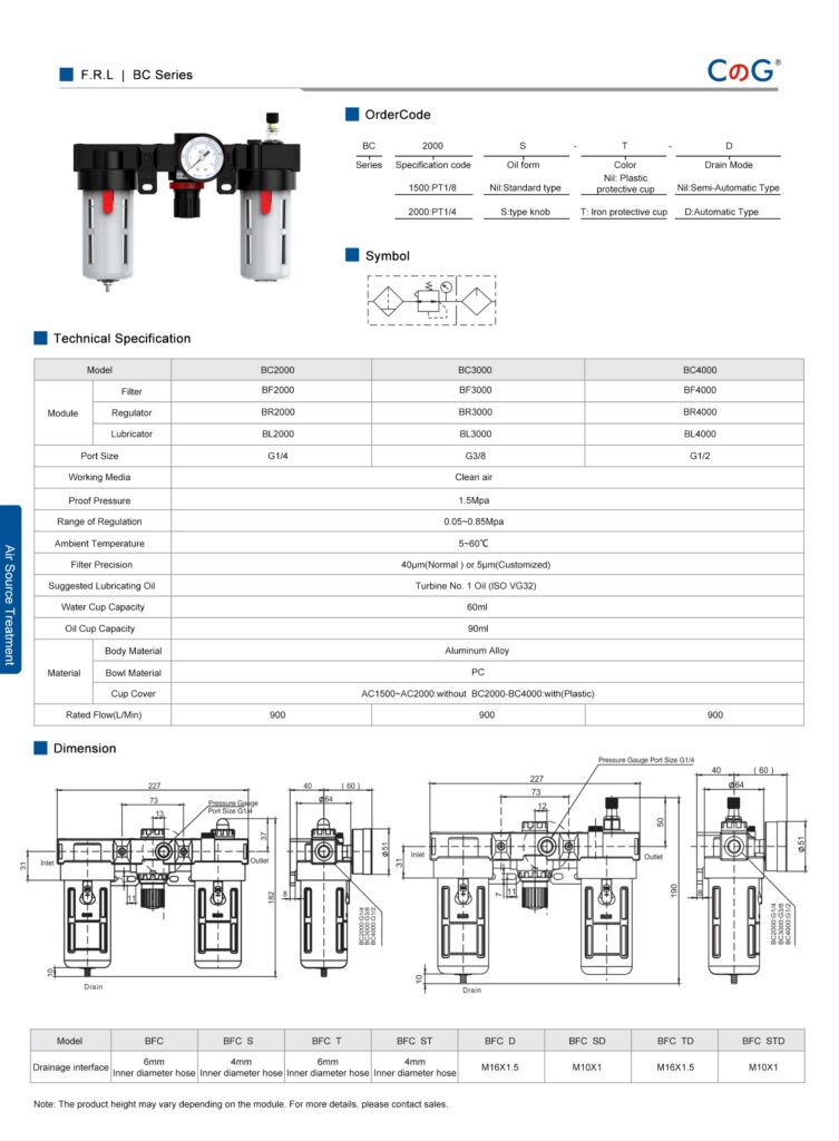 Air Filter Regulator Lubricator F.R.L Combination BC Series Black