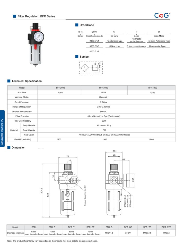 Air Filter Regulator BFR Series White with Cover