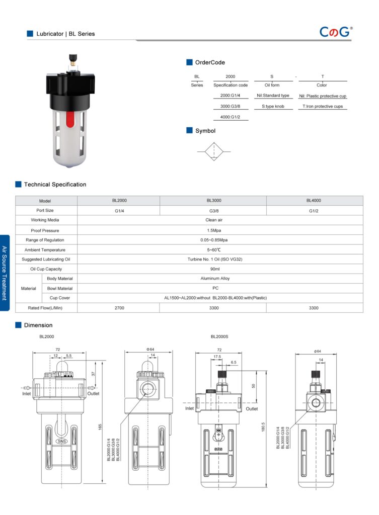 Pneumatic Parts Lubricator BL Series White