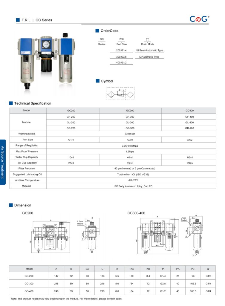 Air Filter Regulator Lubricator F.R.L Combination GC Series