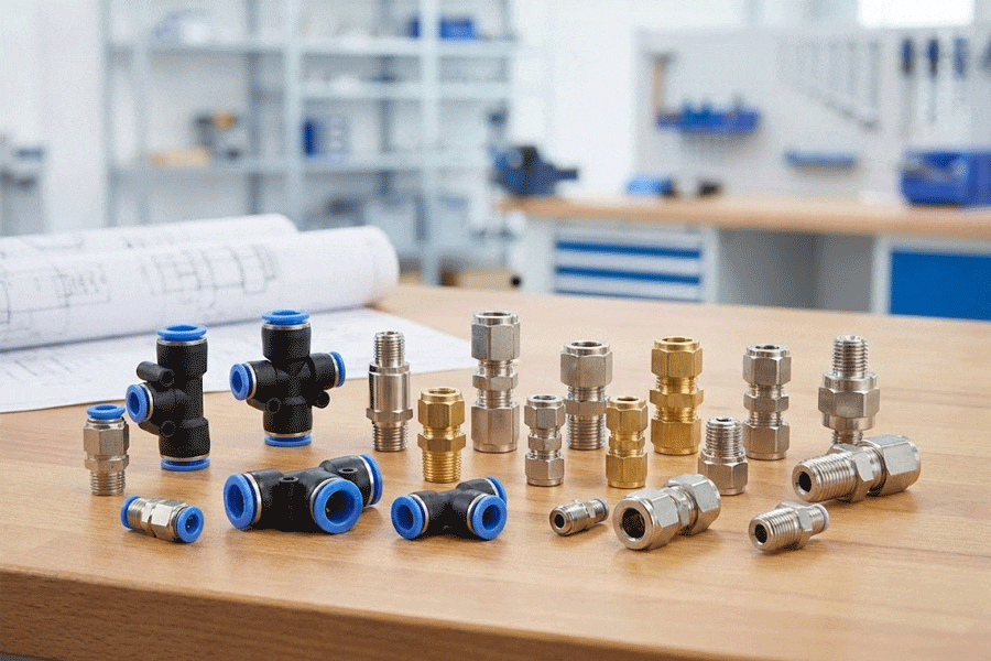 Assorted pneumatic fittings including push-to-connect, brass compression, and stainless steel connectors on a workbench.