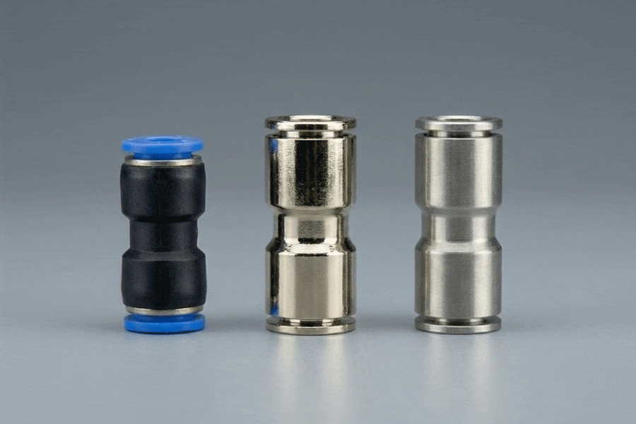 Comparison of Plastic, Nickel-Plated Brass, and Stainless Steel pneumatic fittings on a neutral background.