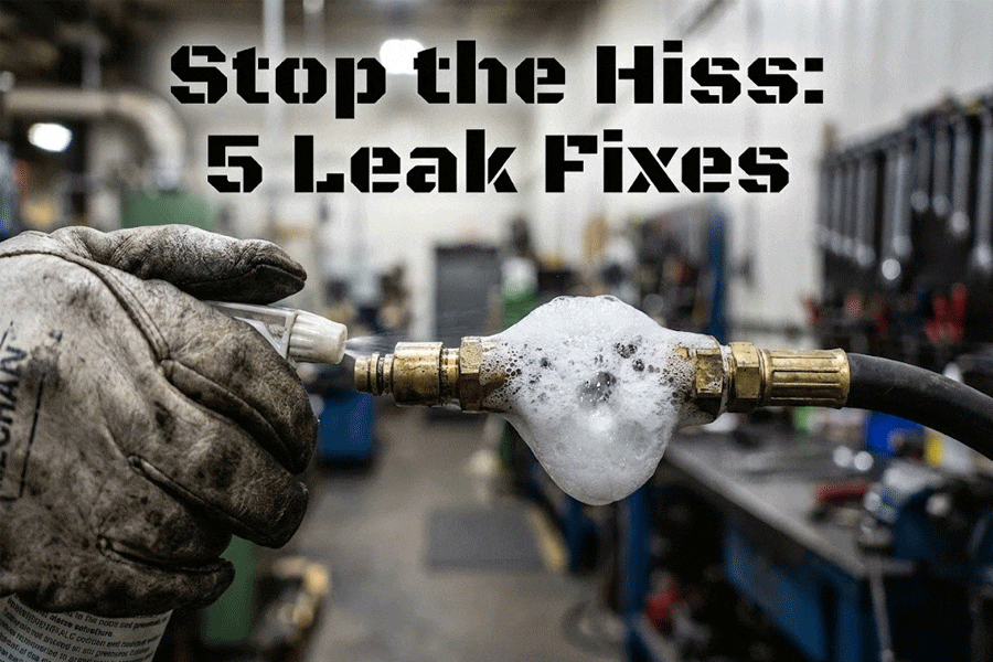 Industrial maintenance technician checking pneumatic fitting for air leaks using leak detection spray