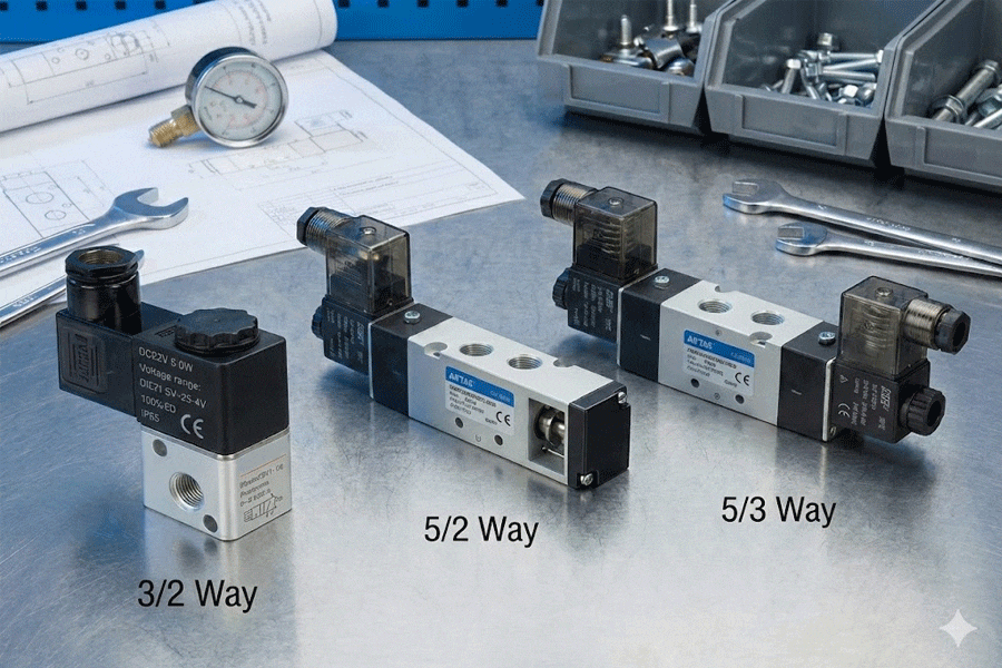 Assorted pneumatic solenoid valves 3/2 5/2 5/3 way on industrial background.