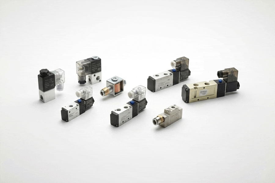 Assortment of pneumatic solenoid valves including 5/2 way, 3/2 way, and valve manifolds for industrial automation sizing guide