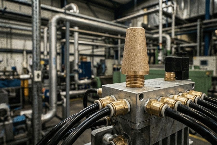 Brass pneumatic silencer installed on a solenoid valve for exhaust noise reduction