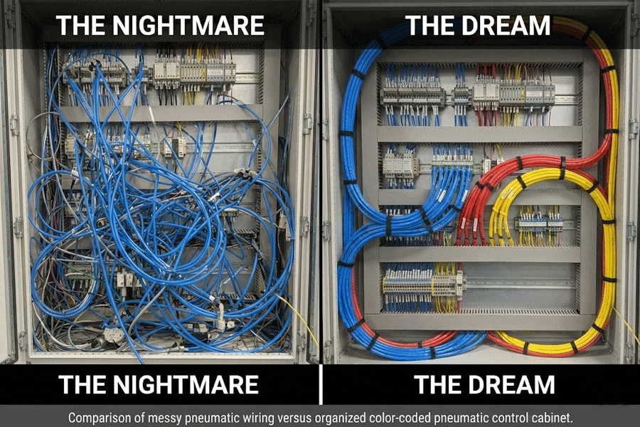 Comparison of messy pneumatic wiring versus organized color-coded pneumatic control cabinet.