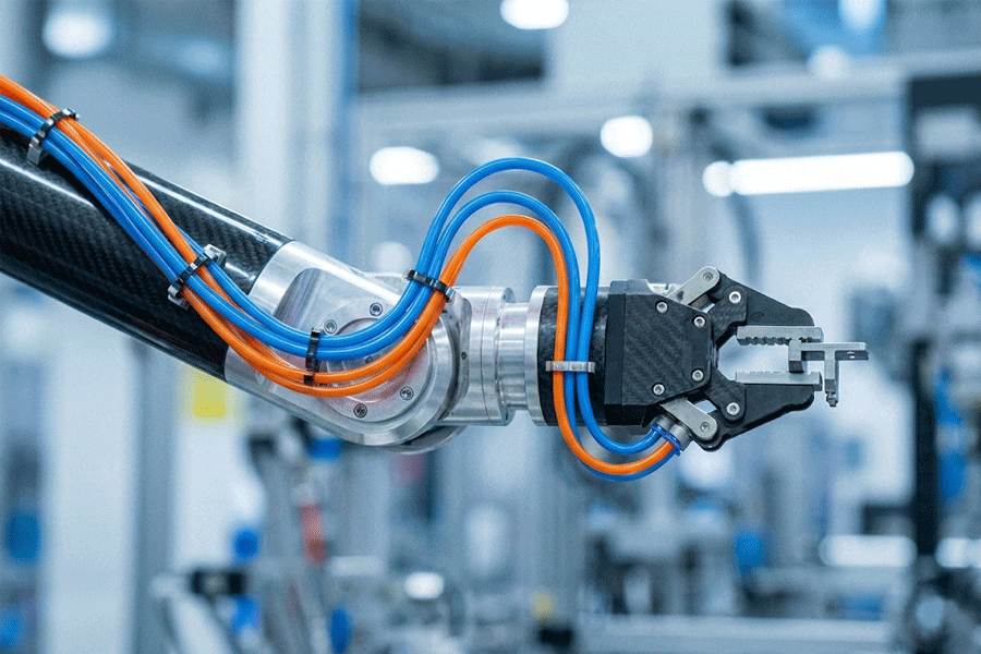 High-flexibility pneumatic tubing routed on a compact industrial robotic arm for automation.