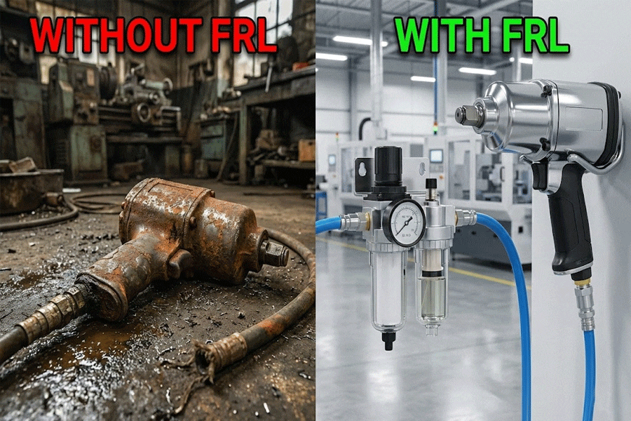 Industrial FRL unit installed on air line to prevent pneumatic tool rust