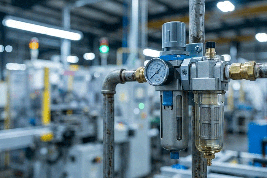 Industrial pneumatic Filter Regulator Lubricator (FRL) unit installed on a compressed air pipeline in a factory setting.