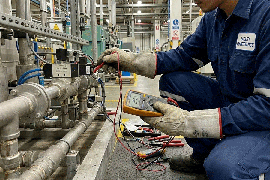 Industrial pneumatic solenoid valve maintenance and troubleshooting in a factory setting.