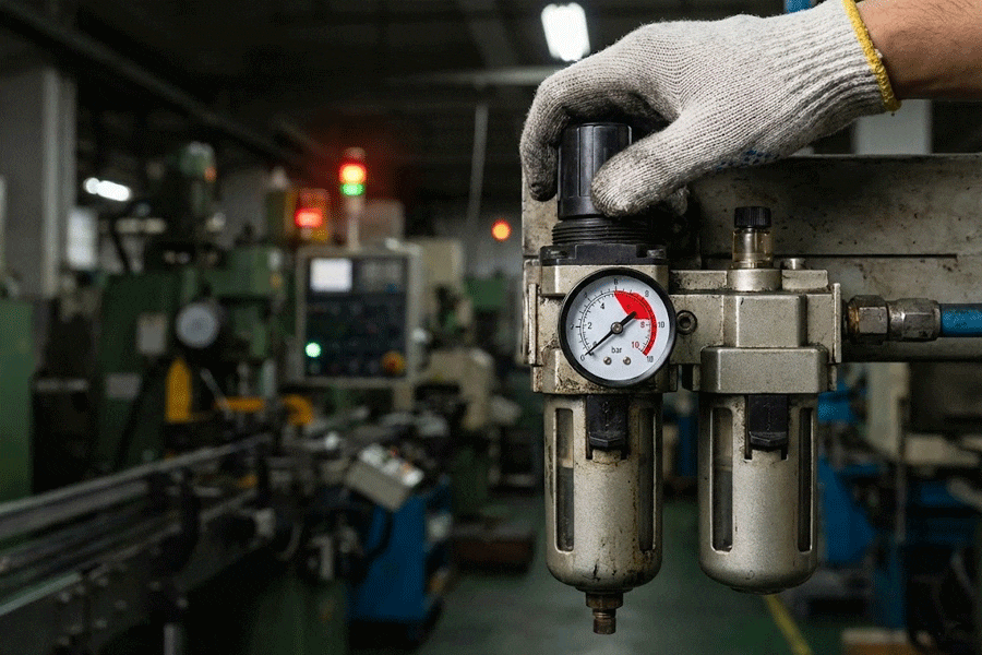 Mechanic troubleshooting pneumatic FRL unit pressure problems in a workshop