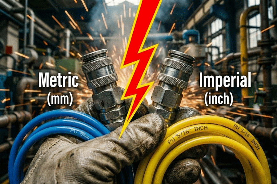 Metric vs imperial pneumatic tubing confusion in industrial maintenance.