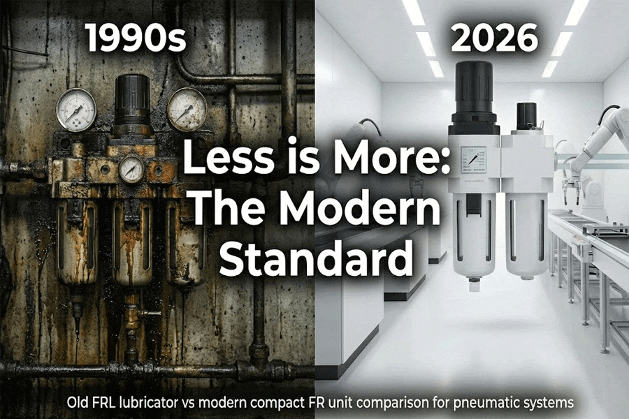 Old FRL lubricator vs modern compact FR unit comparison for pneumatic systems