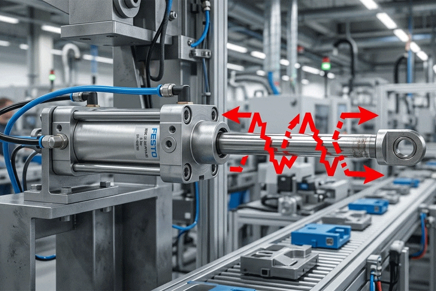 A metallic pneumatic cylinder displaying jerky, stuttering movement with jagged motion graphics in a factory setting.