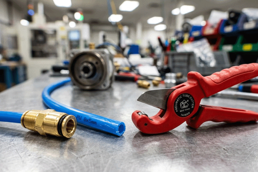 A professional tube cutter, a blue PU tube, and a push-to-connect pneumatic fitting on a workbench, showing the tools needed to stop air leaks.