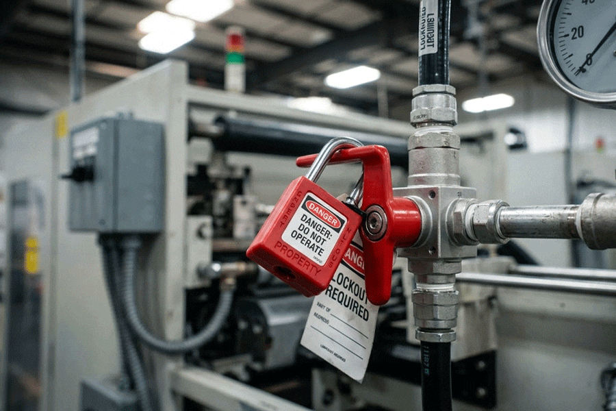 A red safety padlock securing a pneumatic residual pressure release valve for safe LOTO maintenance