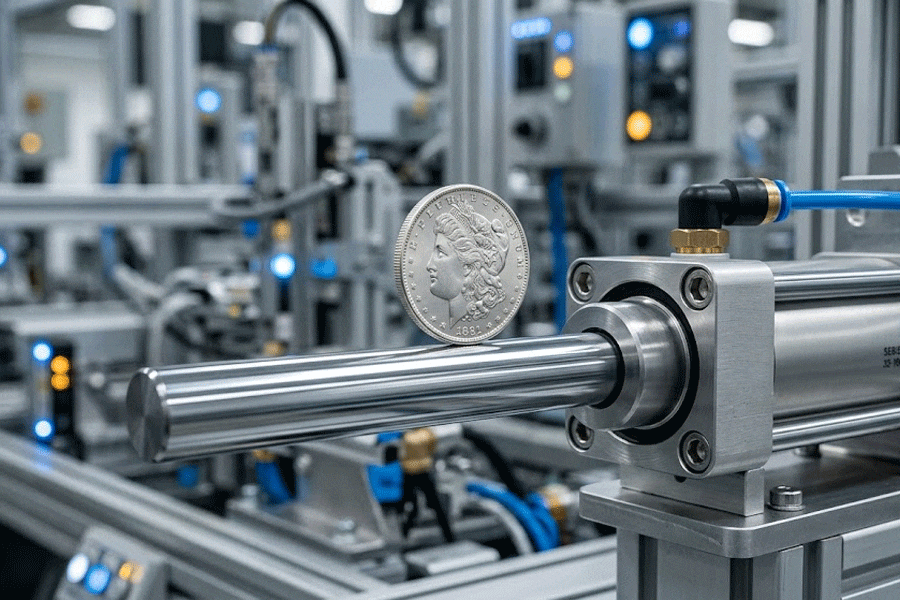 A silver coin balanced perfectly on a smoothly moving low-friction pneumatic cylinder, demonstrating zero stiction