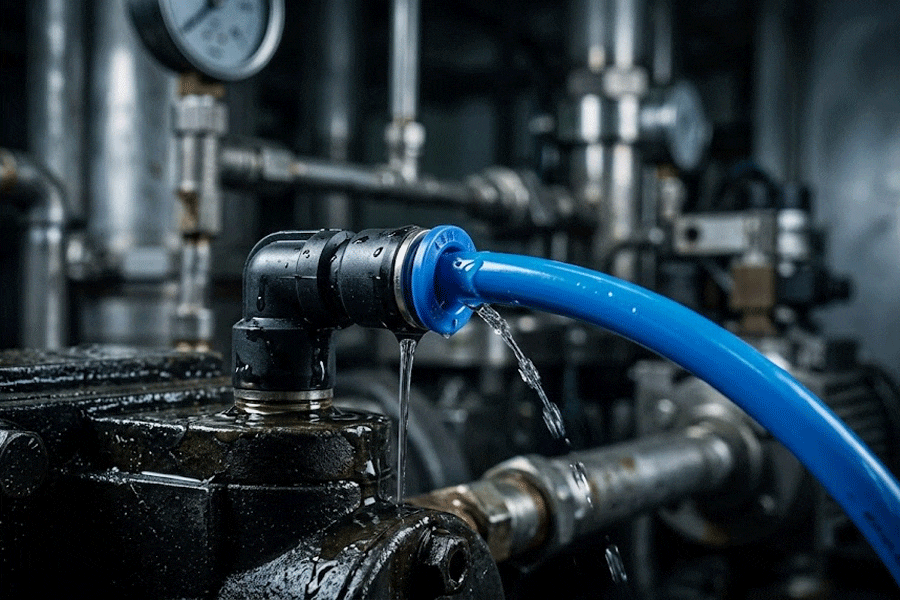 A standard plastic pneumatic push fitting leaking water due to incompatible NBR seals