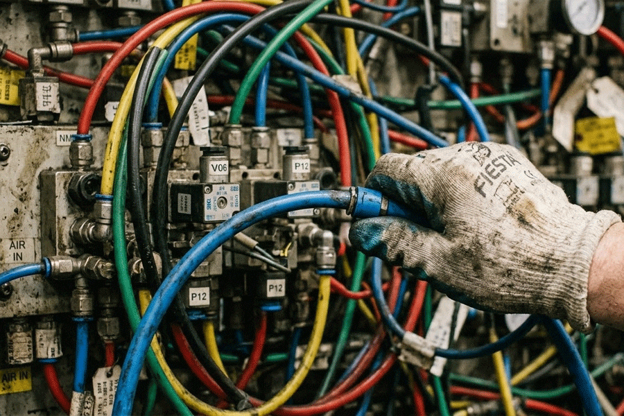 A-technician-struggling-to-remove-a-stuck-blue-pneumatic-tube-from-a-push-to-connect-fitting