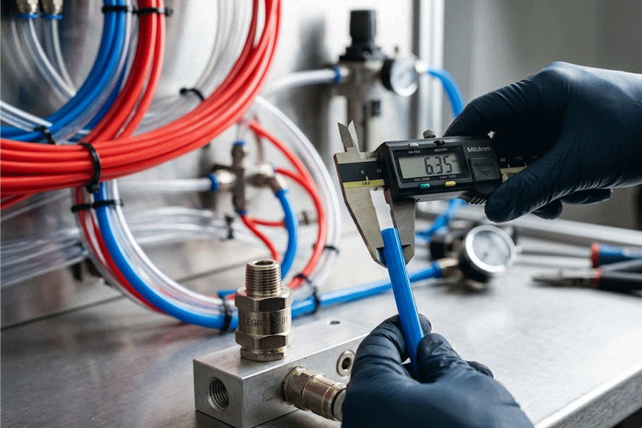 An engineer calculating exact pneumatic tube length and insertion depth for a leak-free push-to-connect fitting