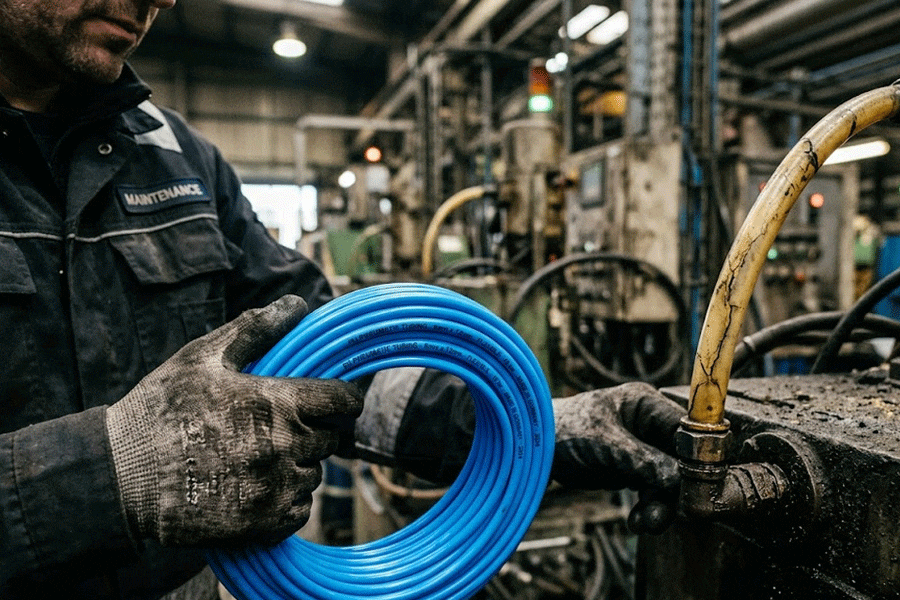 An engineer holding new flexible PU pneumatic tubing to replace old, yellowed, and brittle air lines for preventative maintenance.