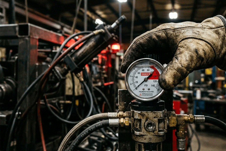 An operator incorrectly turning up the pneumatic air regulator pressure, causing over-pressurization and equipment damage