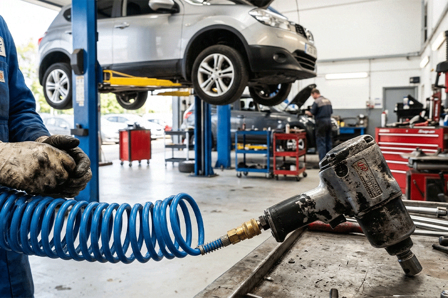 Blue heavy-duty PU recoil air hose connected to a pneumatic impact wrench in a professional auto repair shop
