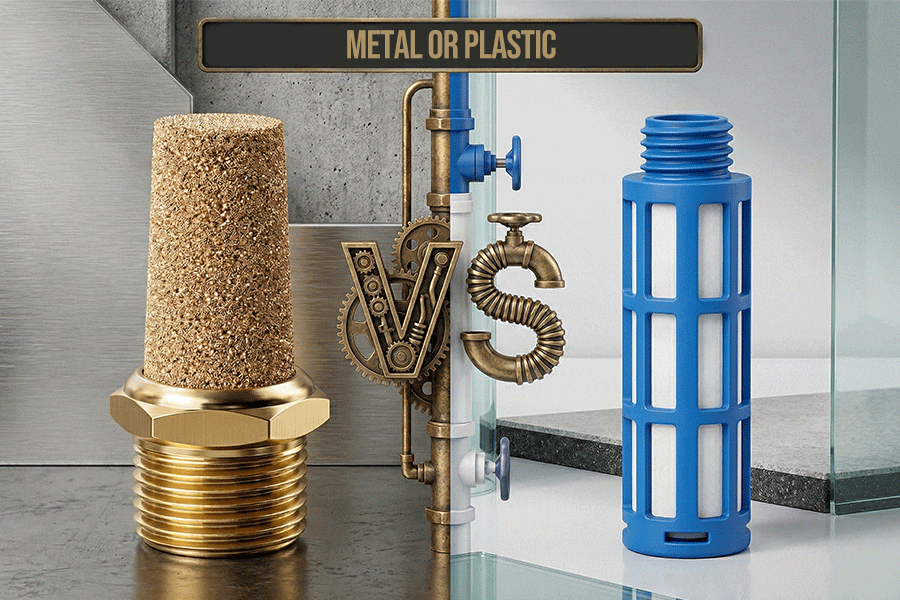 Comparison between sintered bronze and plastic pneumatic silencers