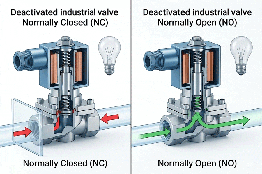Comparison of Normally Open and Normally Closed solenoid valves in de-energized state