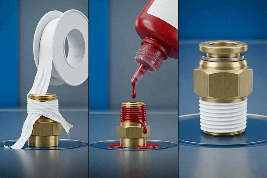 Comparison of messy Teflon tape, dripping liquid thread sealant, and a clean pre-coated pneumatic fitting.