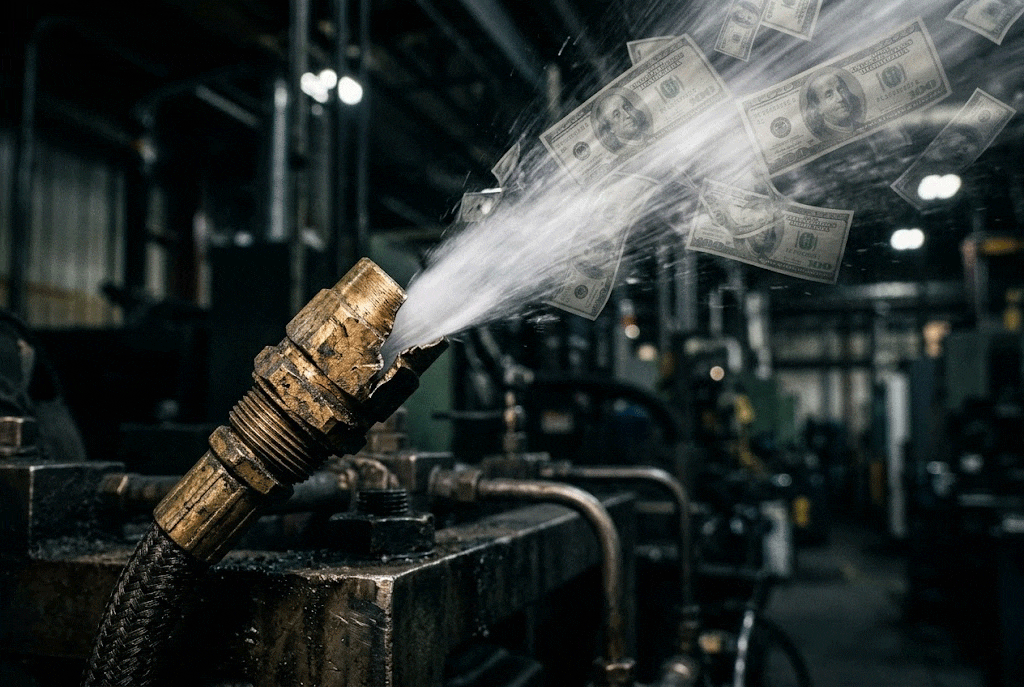 Conceptual image showing hundred-dollar bills evaporating from a leaking compressed air pneumatic fitting