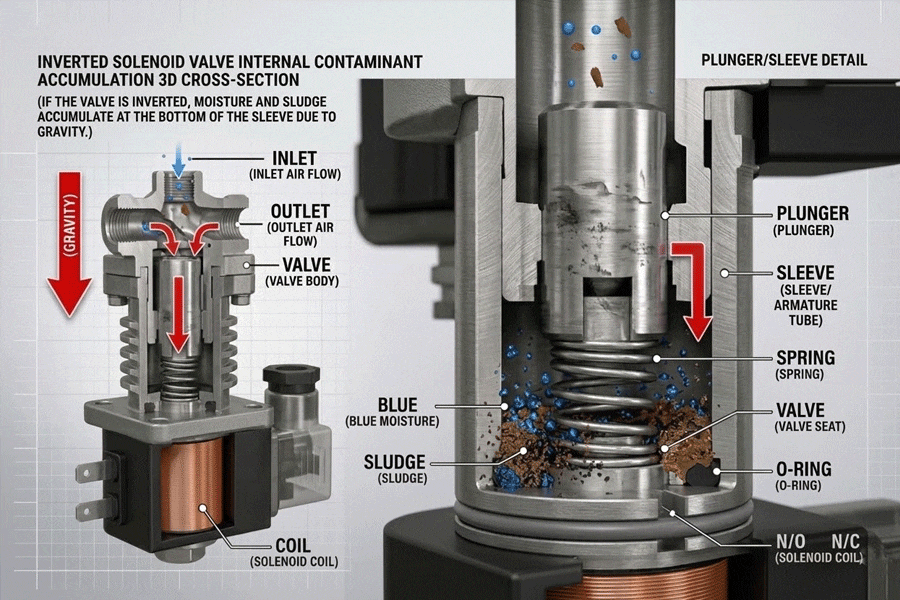 Cross-section of an inverted solenoid valve showing moisture pooling in the armature tube