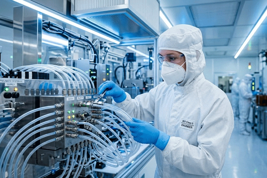 Engineer in cleanroom bunny suit inspecting stainless steel pneumatic fittings and tubing