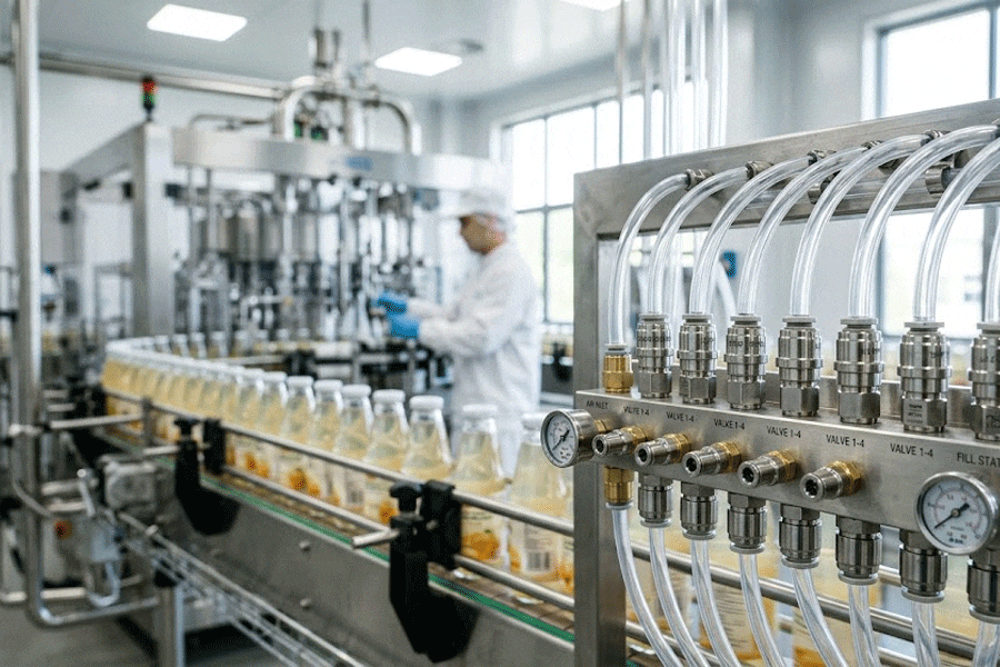 FDA compliant 316L stainless steel pneumatic fittings in a beverage bottling line