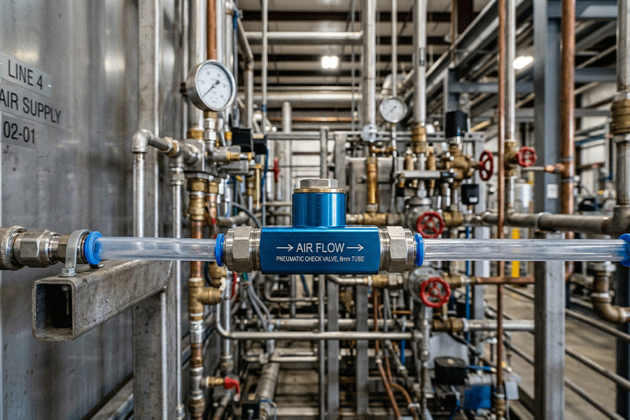 High-quality pneumatic check valve installed in an industrial compressed air line.
