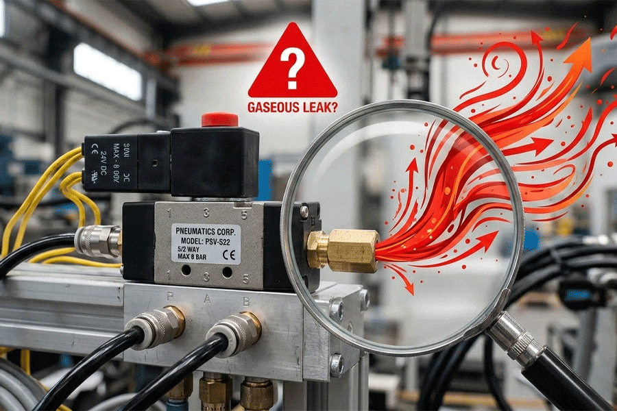 Magnifying glass inspecting air leaking from a 5/2 way pneumatic solenoid valve exhaust port