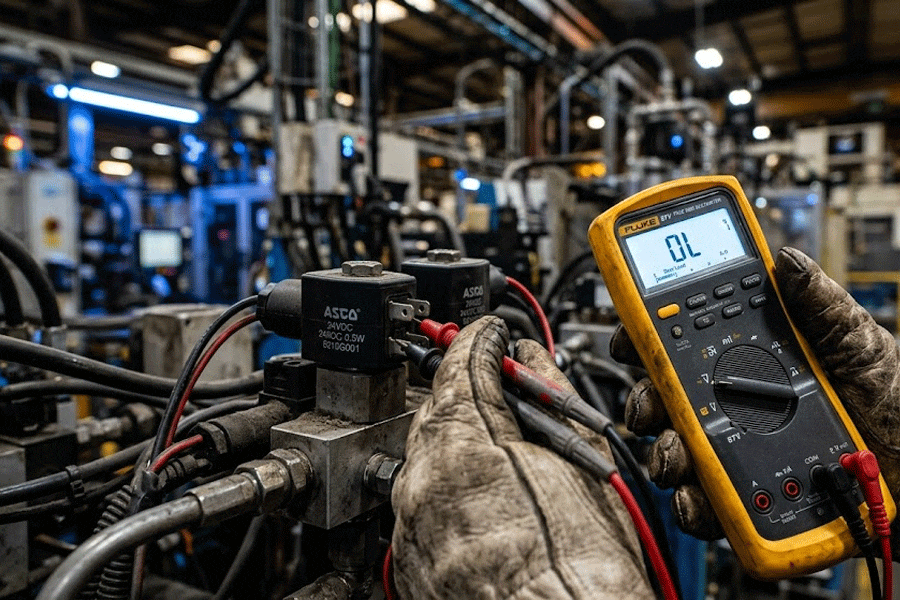 Maintenance engineer using a digital multimeter to test a burned-out pneumatic solenoid valve coil showing an OL open circuit reading