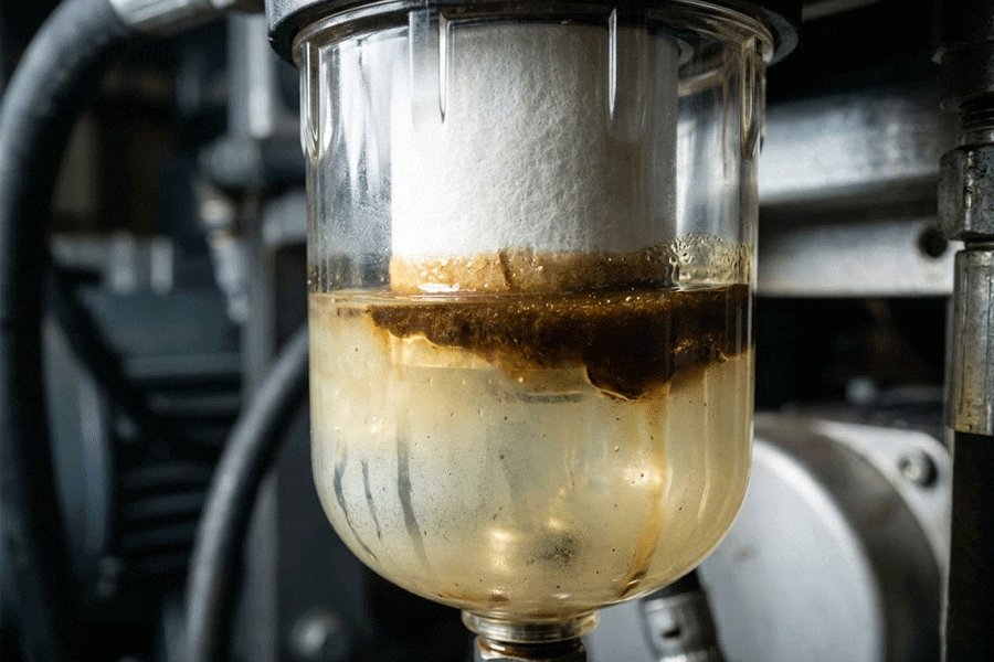 Pneumatic filter bowl overflowing with dirty water and oil condensation due to lack of manual draining.