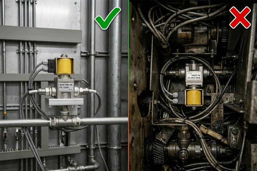Pneumatic-solenoid-valve-mounted-upside-down-in-a-tight-space