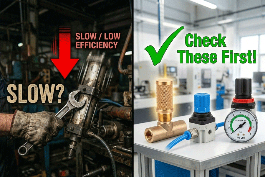 Troubleshooting checklist for a slow moving pneumatic cylinder including speed controllers and silencers.