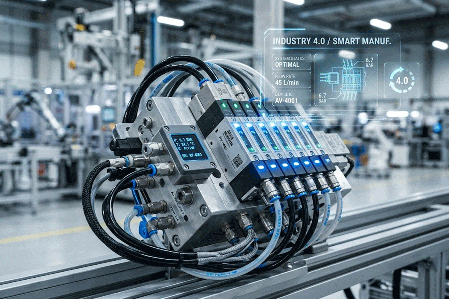 A high-tech smart pneumatic valve manifold with a digital UI overlay displaying flow rate and system status in a modern Industry 4.0 automated factory.