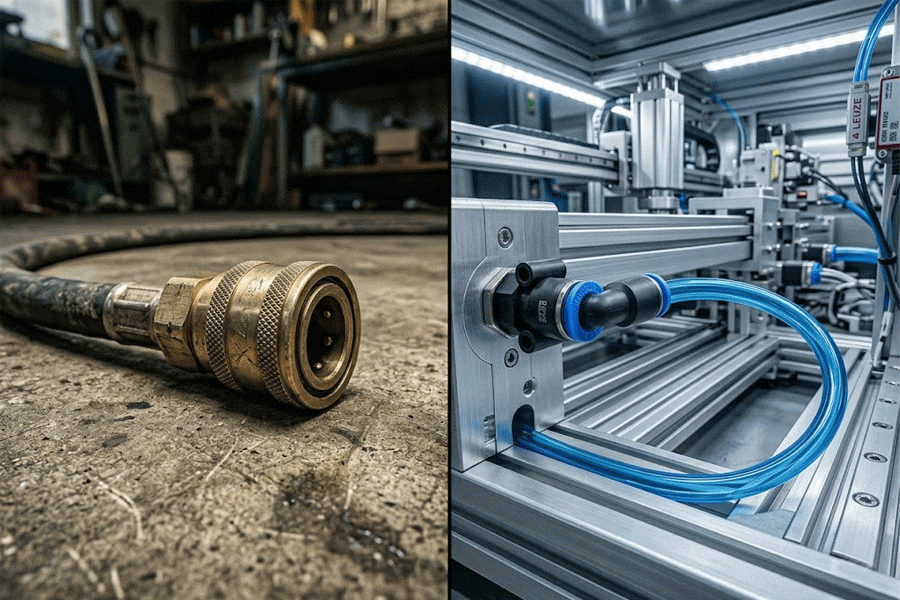 Comparison of a heavy metal quick release coupling for air tools and a compact push-to-connect fitting for automation machinery.