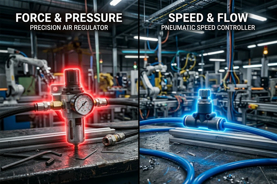 Knowing the Difference: Air Regulator (Force) vs. Speed Controller (Speed).